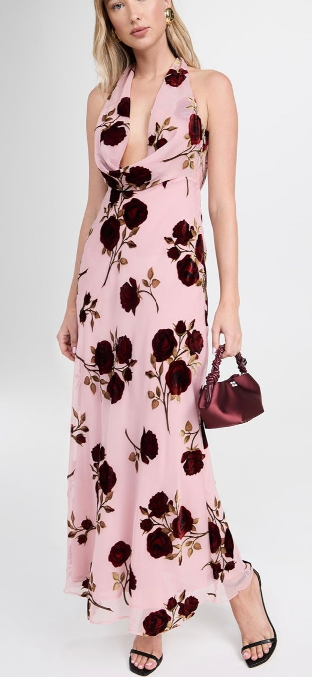For Love & Lemons - Rose Velvet Halter Maxi Dress